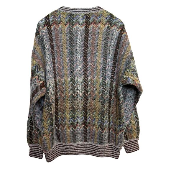 Vintage 90s Casalana Grandpa Sweater Chunky Knit Rainbow Chevron V Neck Medium - Picture 2 of 11